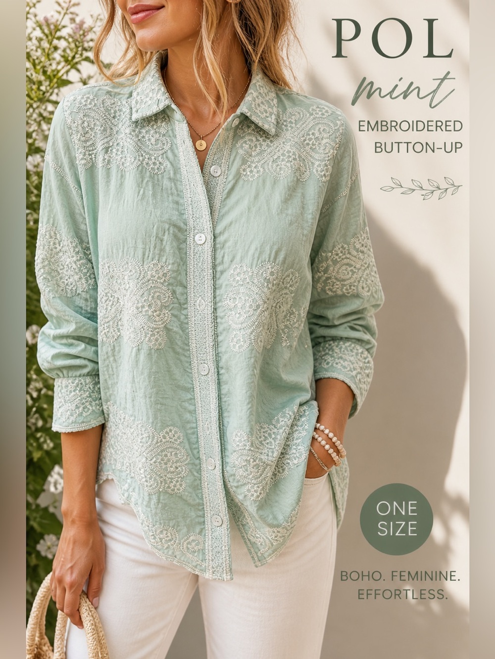 POL Mint Embroidered Button Down Top One Size Boho Floral Lace Oversized, NWT